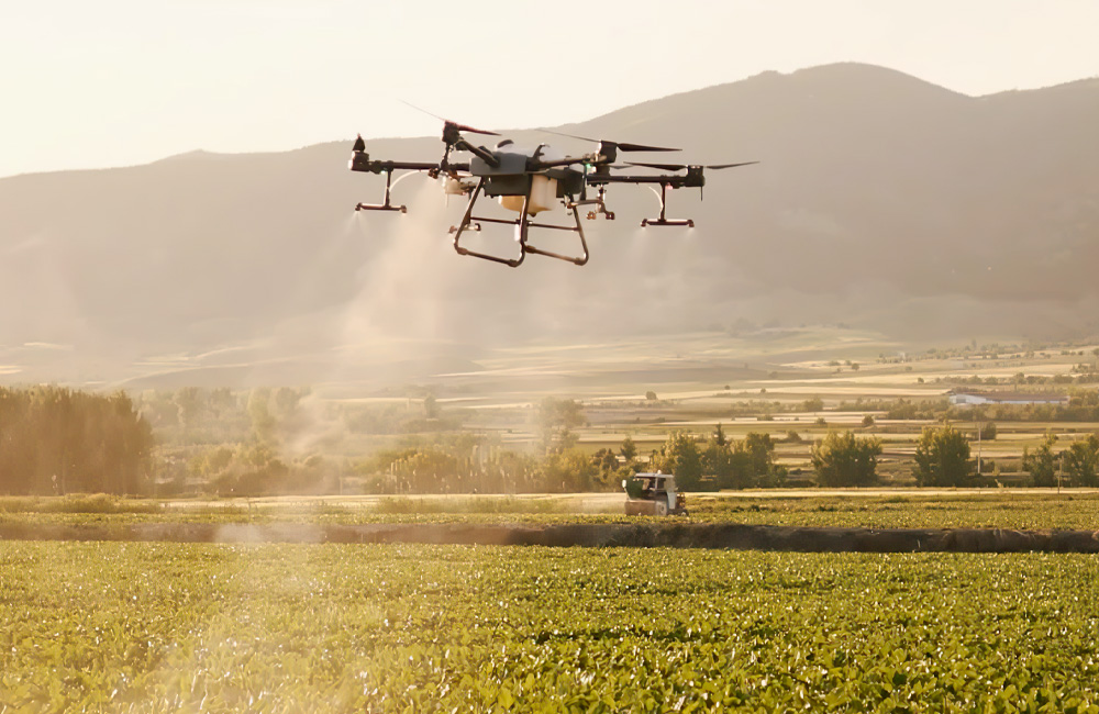 agricultrual drone flying over crops